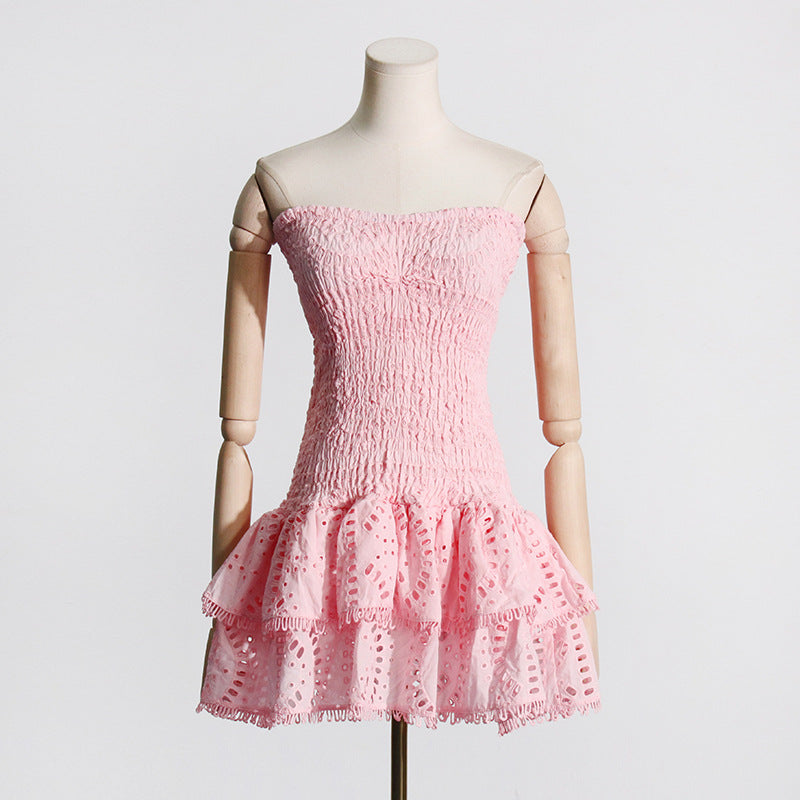 2025 Summer New European and American Sexy Hot Girl Style Elastic Waist Tube Top Embroidered Ruffled Short Dress Women