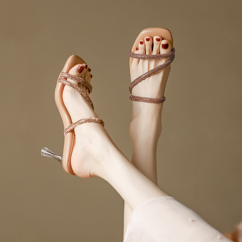 XIANGTUIBAO Shit Feeling New Authentic Leather Rhinestone High-Heeled Slippers Women's Sandals High Heel Stiletto Heel Clear Heel Women's Shoes K999-6