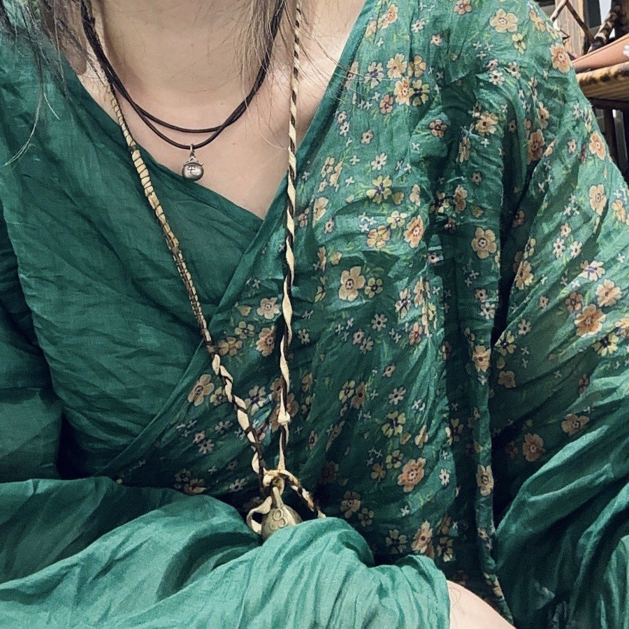 2025 24/4 SN48 flowers, literary and retro ramie printed diagonal placket lace-up shirt cardigan