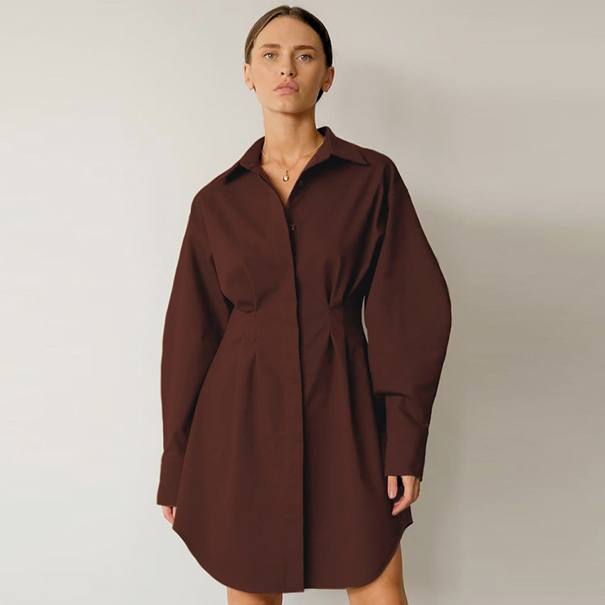 2025 spring women's shirt skirt waist temperament thin long sleeves slim retro niche dress