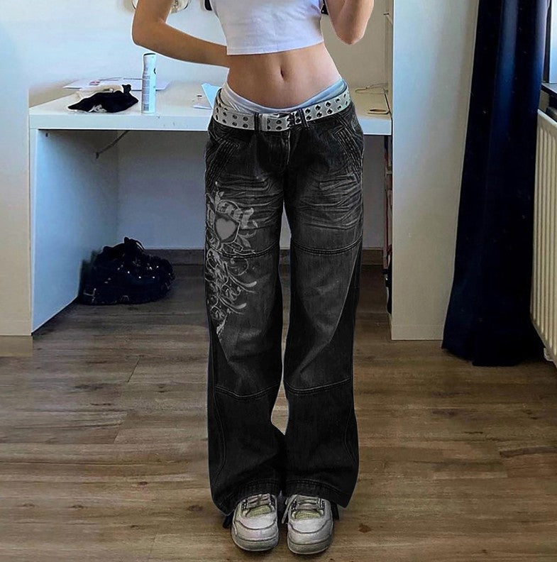 2025 2025 street style women's clothing irregular printing loose trousers low waist folds washed into old multi-colored jeans
