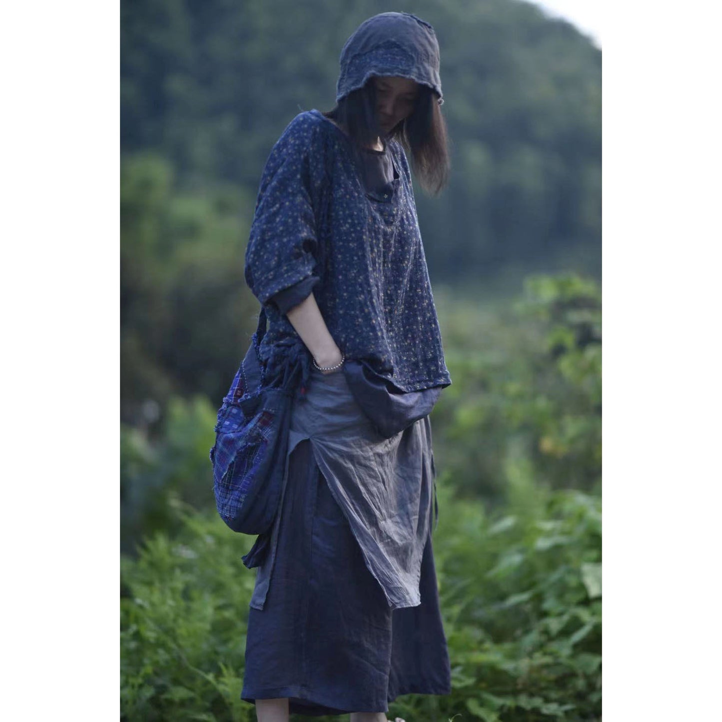 2025 21/7 Xiaoqi, early autumn new literary and retro double-layer cotton printing loose round neck half-open pullover short shirt