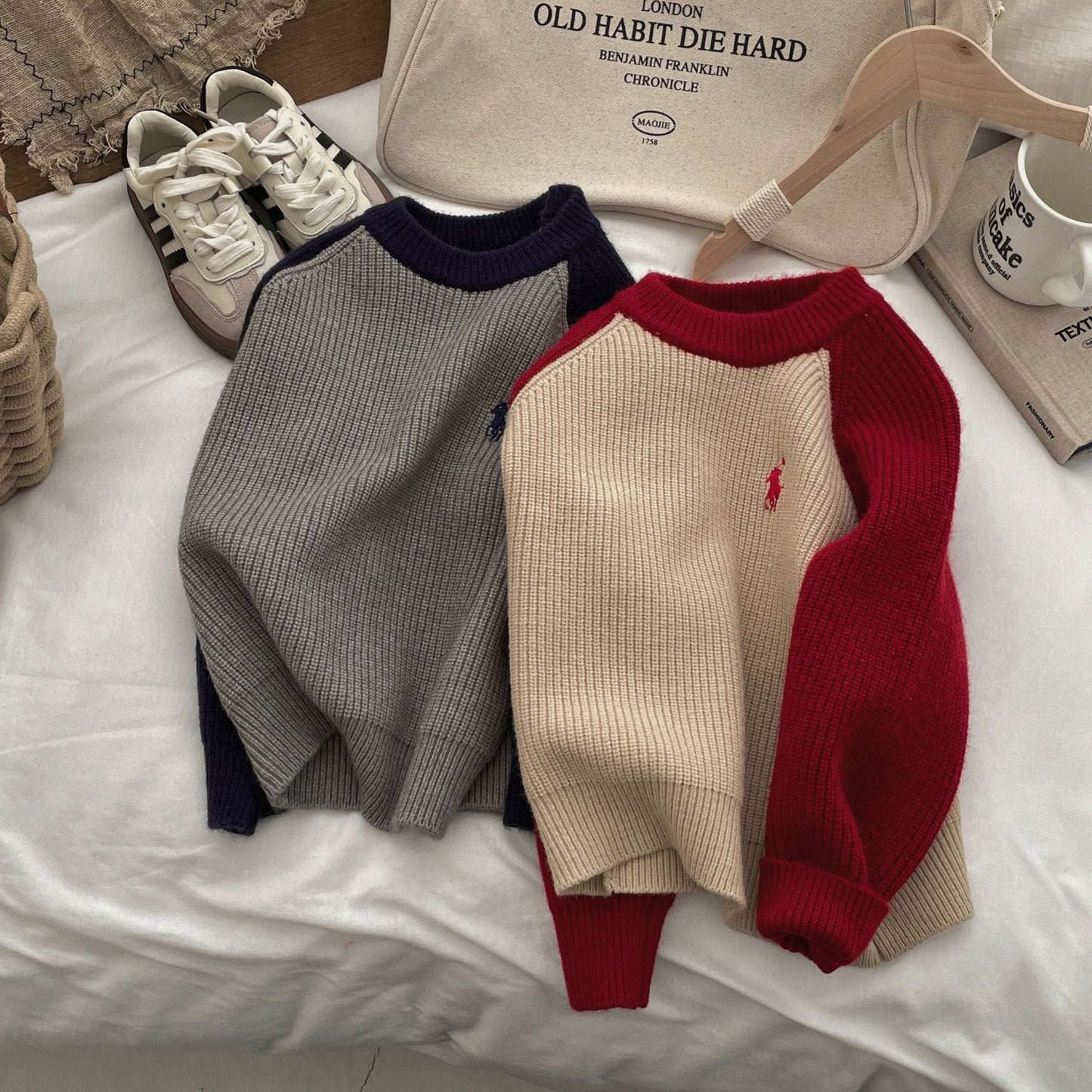 2025 autumn and winter new children's knitted sweaters boys and girls color matching crew neck sweater Korean version thickened pullover sweater tide