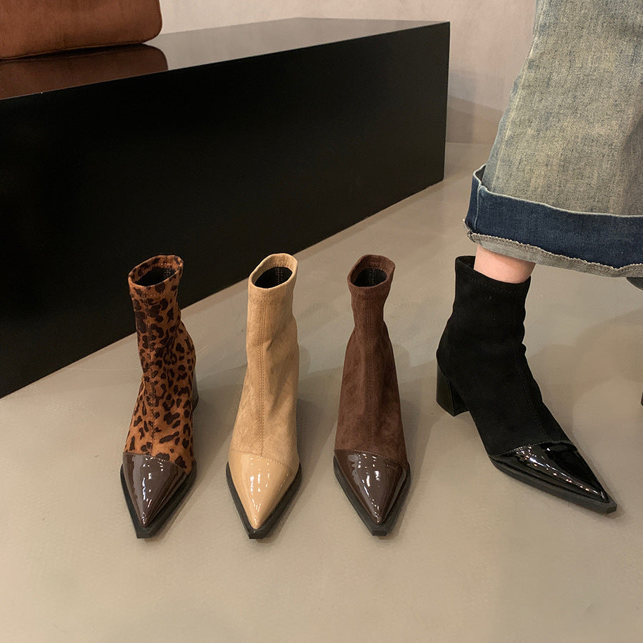 2025 Thick high heels pointed thin boots short boots women's shoes popular new autumn and winter single boots leopard print temperament small bare boots