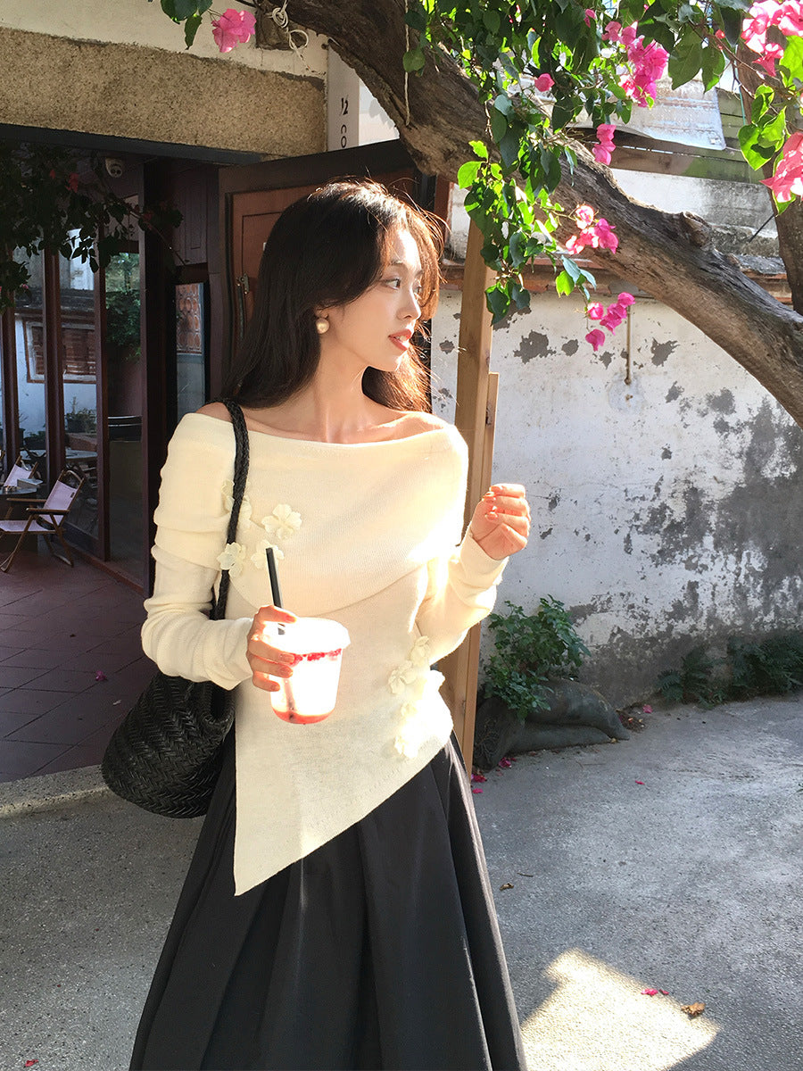 2025 spring new Korean version of flower temperament one-word neck wool knitted sweater women's top 25138
