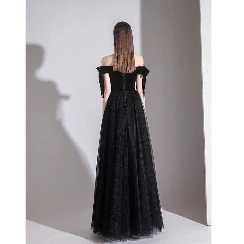 2025 One-word shoulder black evening dress, high-end sense, light luxury, niche banquet host, art test dress, temperament, celebrity dress