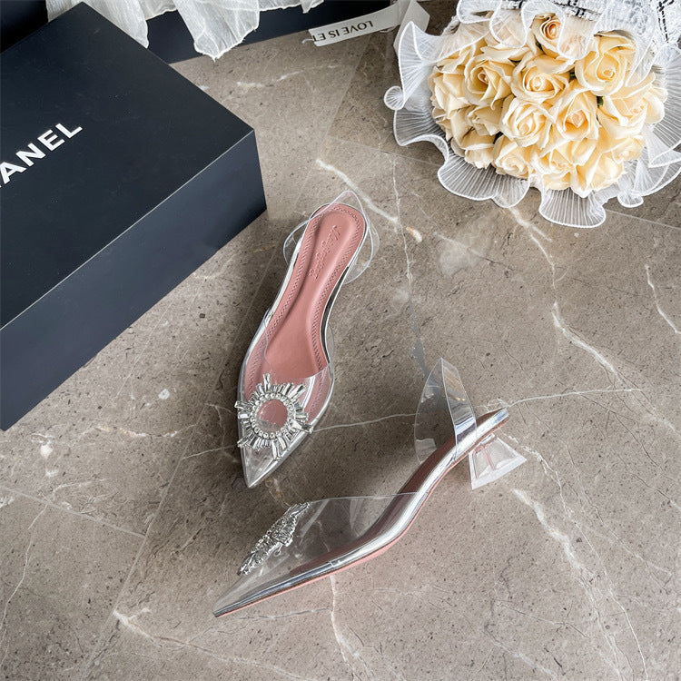 xiangtuibao Transparent Color Rhinestone Closed Toe Slingback Sandals Slip-on Crystal High Heels New Fairy Style High Heel Sandals for Women