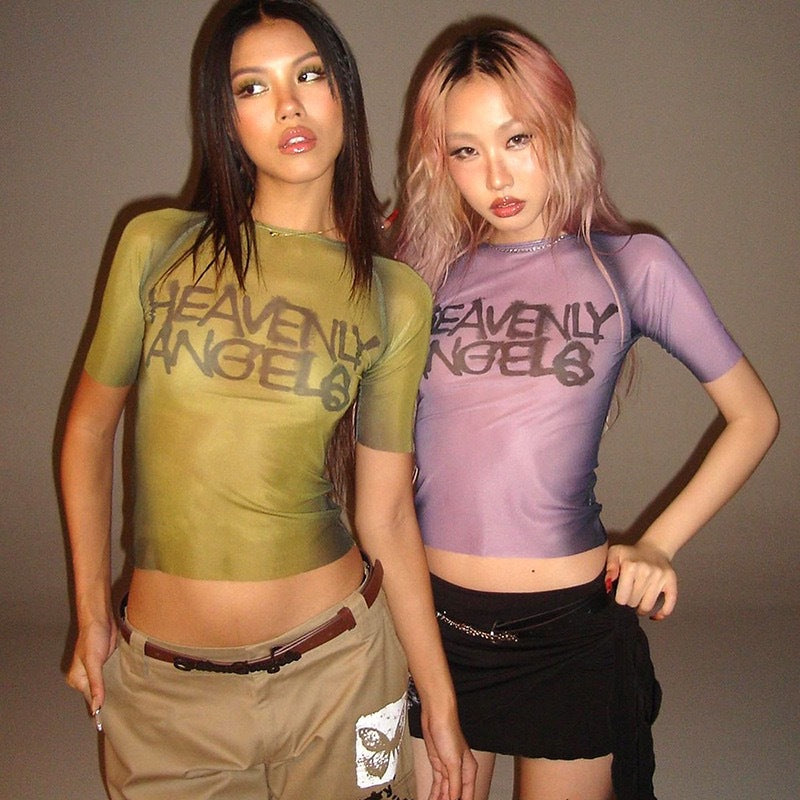 summer new tight street sexy Spice Girl letter open button printing mesh skin-permeable T-shirt short sleeve
