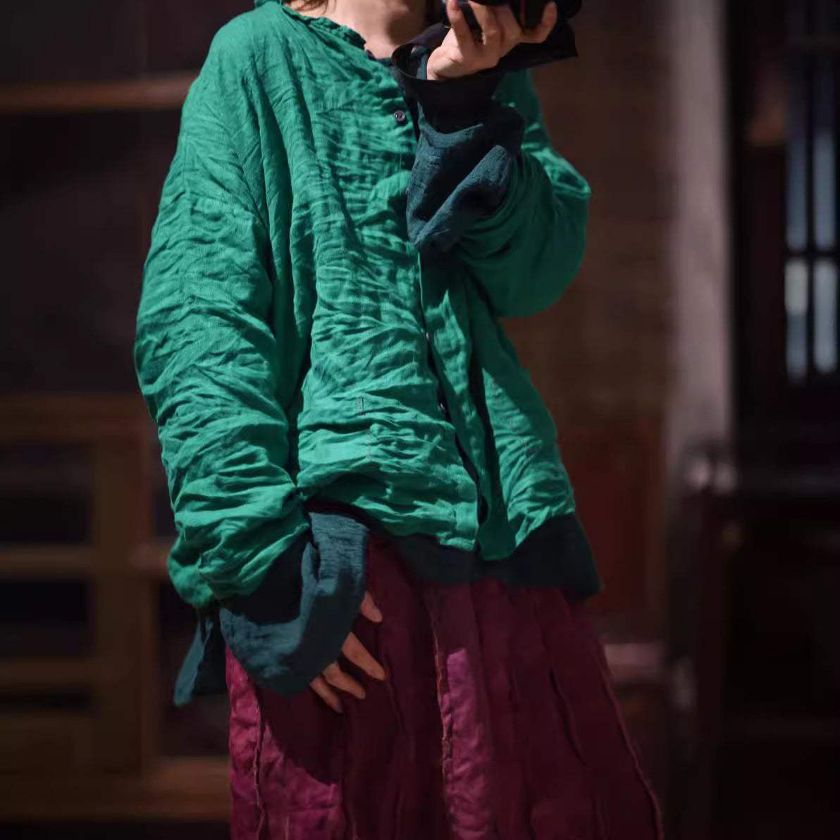 2025 24/1 SN10 casual literary versatile solid color linen long-sleeved cardigan button-up shirt