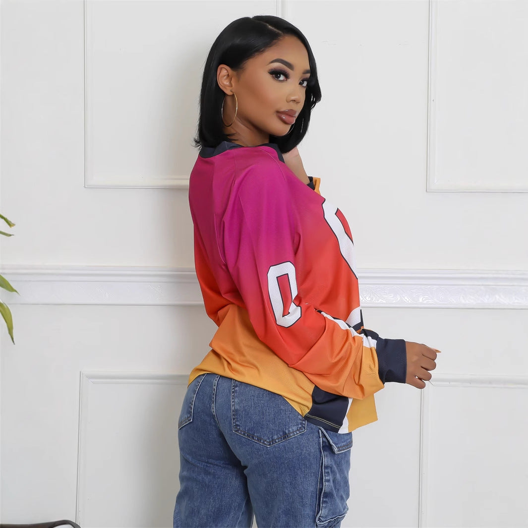 popular Autumn Festival new New color contrast fashion printing loose leisure sports style long-sleeved jersey V-neck top