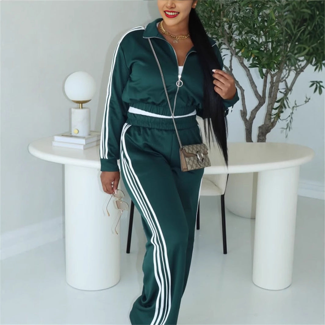 Autumn new New fashion loose leisure sports style solid color long-sleeved top jacket trousers suit women