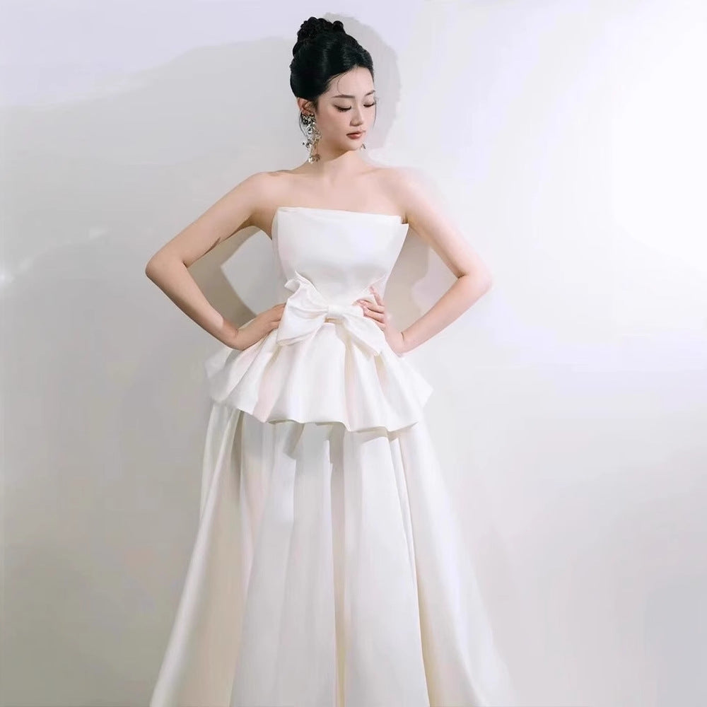 2025 tube top light wedding dress bride simple niche satin temperament go out yarn Mori bow engagement dress skirt