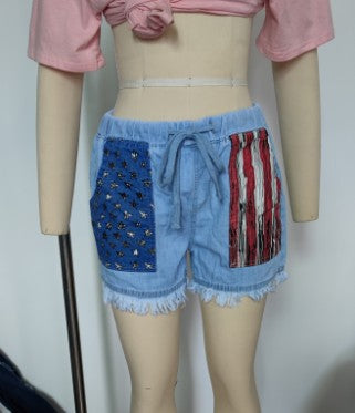 2025 2025 Popular trade high-waisted drawstring fringed denim shorts for women