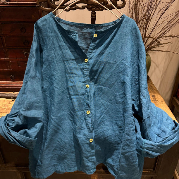 2025 22/12 Xiaoqiu, early spring literary and retro ramie cardigan collarless button-down shoulder shirt