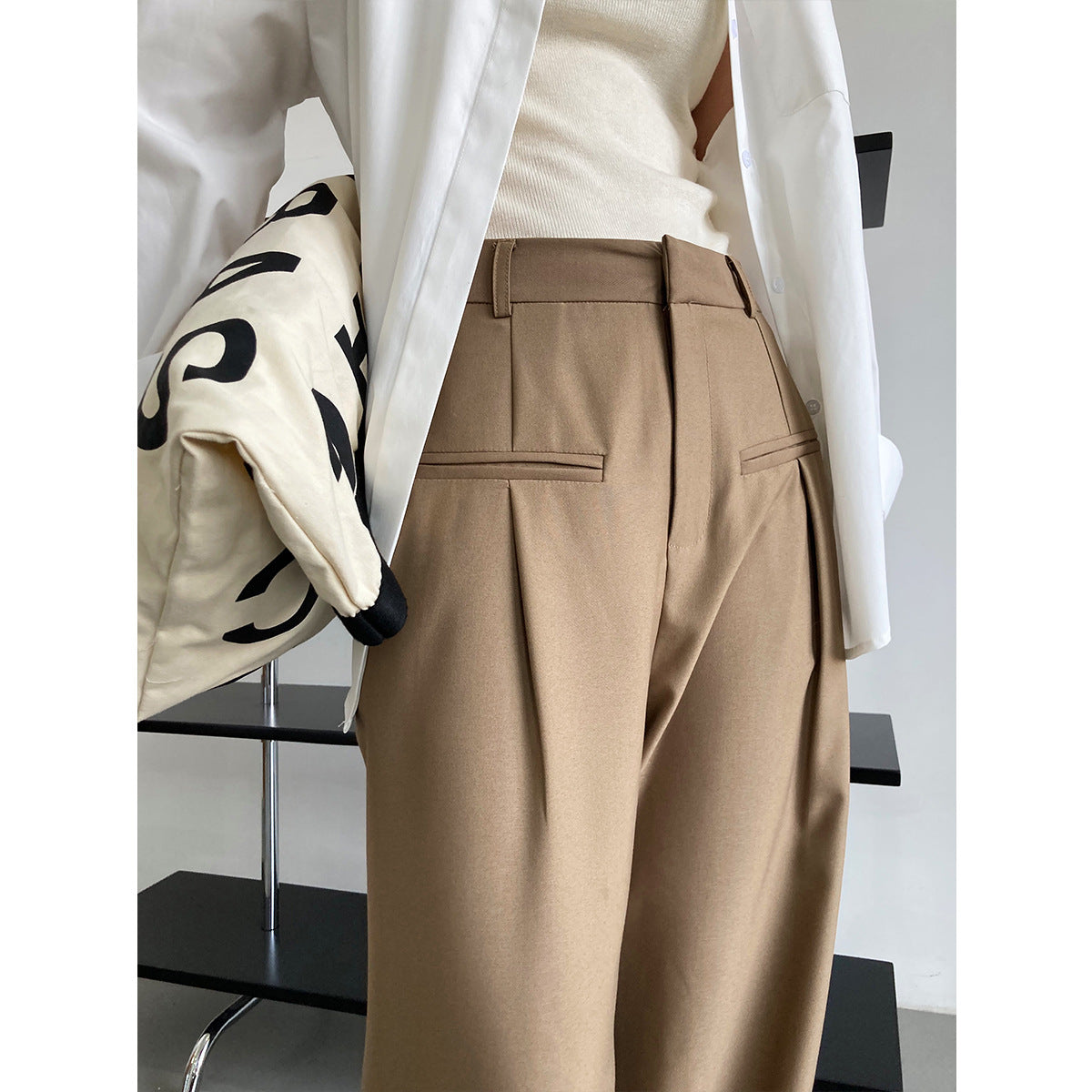 Luxi, spring and autumn design double pocket drape floor pants women's Korean version loose casual wide-leg suit pants 1056