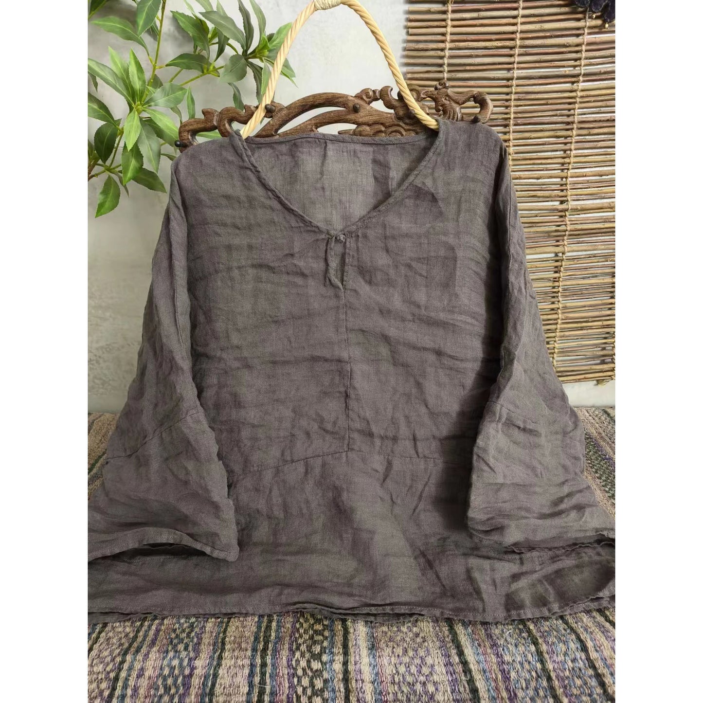 2025 23/4 In the same year, spring and summer literary and retro linen loose seven-quarter-sleeved shoulder pullover