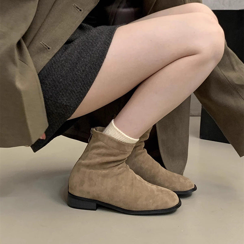 2025 thick heel suede square head thin boots women's boots popular new short boots spring and autumn single boots thin and ankle boots
