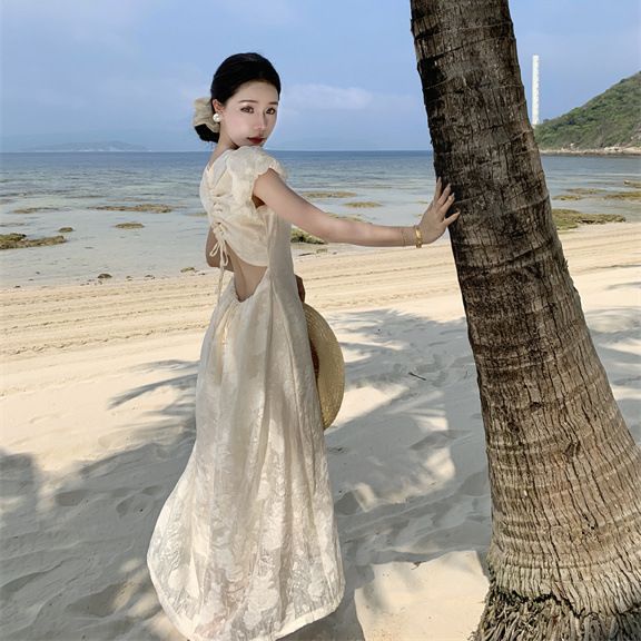 2025 Haute Sense Pure Desire Butterfly Hollow Backless Jacquard Bubble Sleeve Apricot Sexy Leaky Back Holiday Style Dress