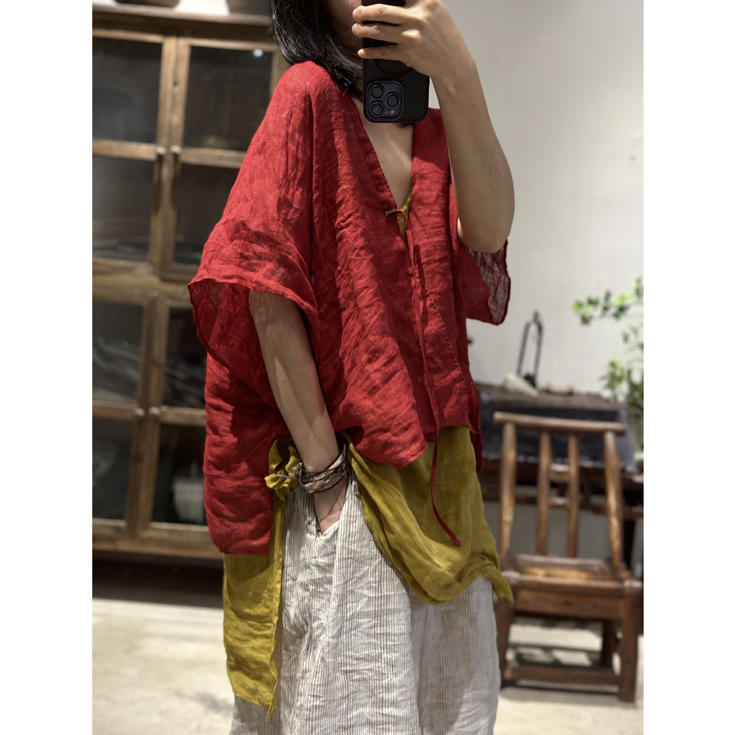 2025 23/4 small sticks, spring and summer literary and retro linen shoulder-length half-sleeved cardigan with straps