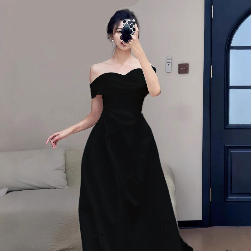 2025 satin light wedding dress bride engagement certificate registration one-word shoulder dress simple daily bow small white dress