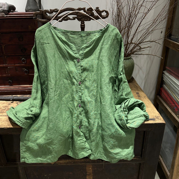2025 22/12 Xiaoqiu, early spring literary and retro ramie cardigan collarless button-down shoulder shirt
