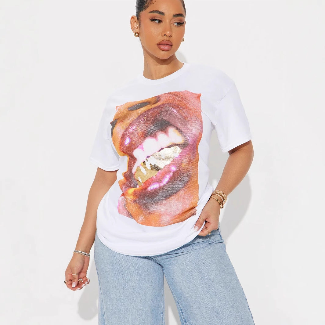 new New Popular trade trend fashion street printing loose casual contrasting color V-neck short-sleeved top T-shirt women