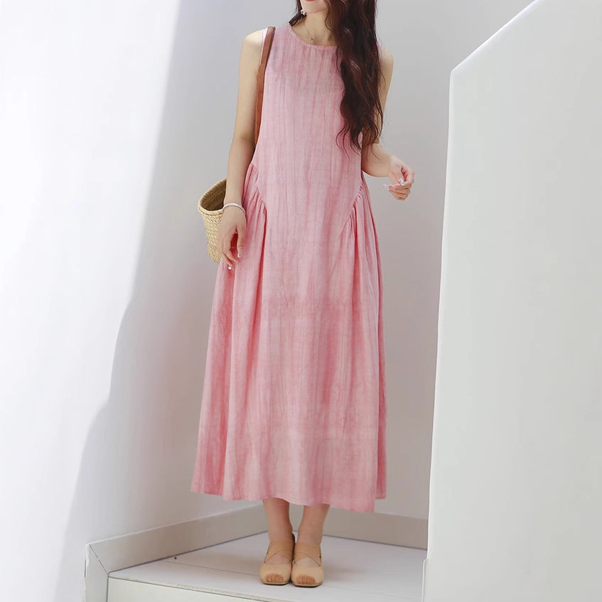 2025 summer new fried silk and hemp round neck sleeveless big pendulum long sleeveless dress vest skirt