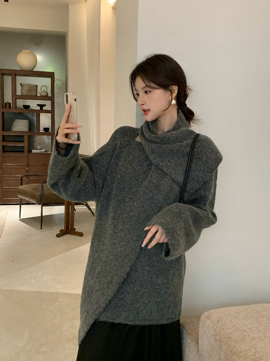 2025 Thirteen Lines Autumn and Winter New Temperament Wool Long Scarf Knitted Sweater Versatile Top Women 25154