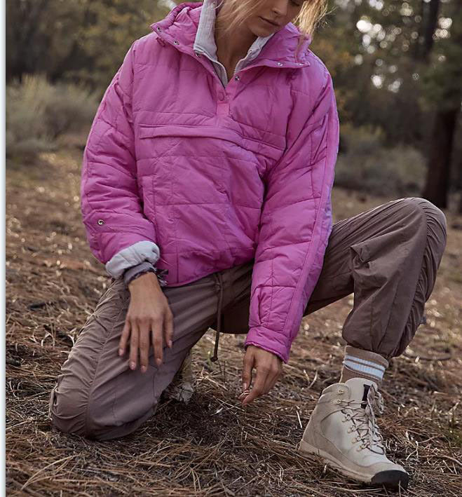 2023 Cross-border Autumn and Winter Solid Color Hooded Cotton Clothing Foldable Filled Pullover Pocket Long Sleeve Jacket Women