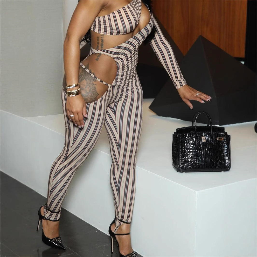 popular autumn new New Popular trade elastic striped slim-fit sexy Spice Girl hollow jumpsuit jumpsuit