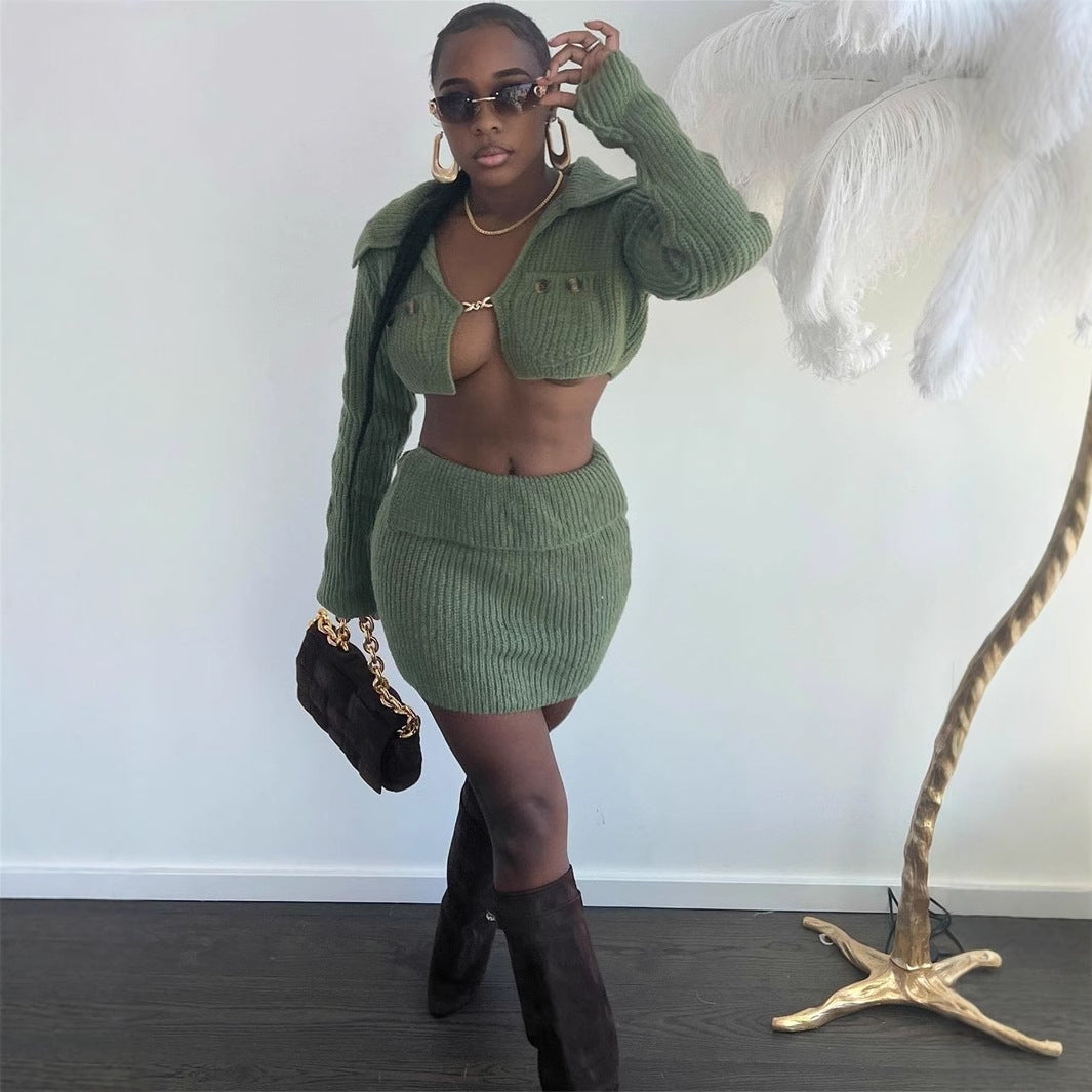 popular autumn new New slim-fit Spice Girls long-sleeved short jacket top hip-wrapped short skirt solid color suit