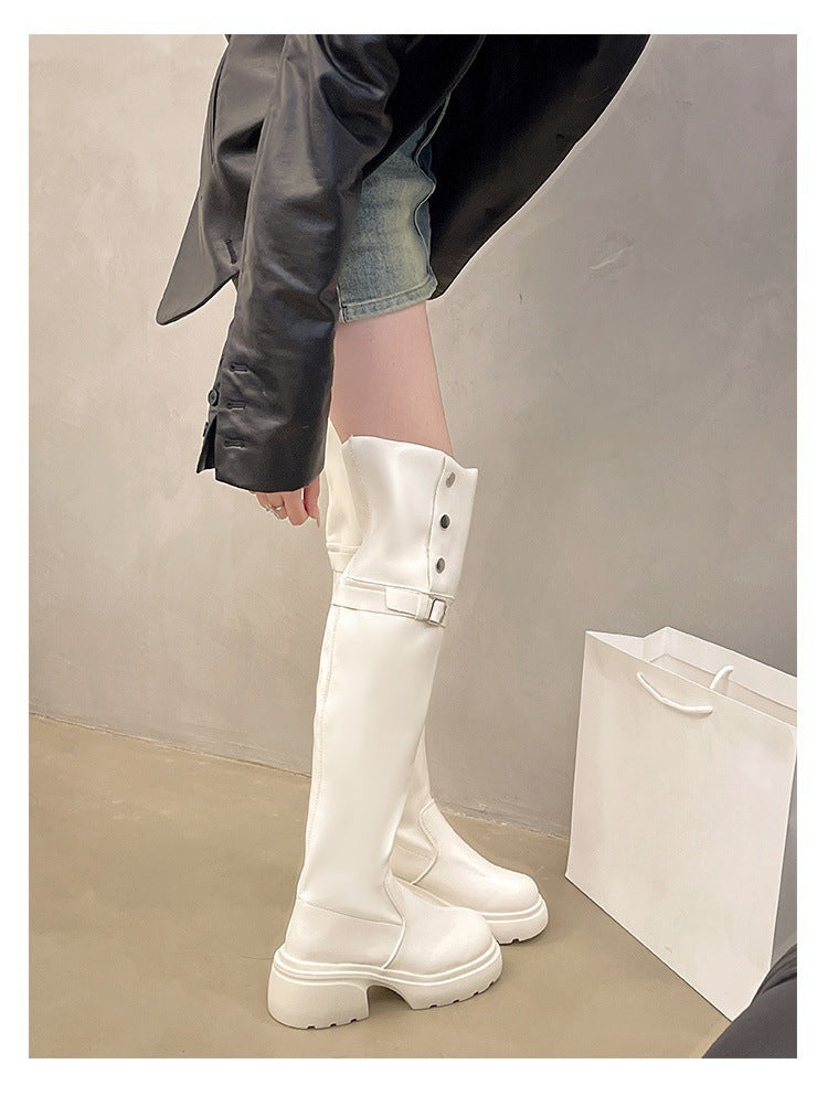 2025 Thick heel platform boots women's spring and autumn popular new Maillard knee boots slim versatile knight boots tide