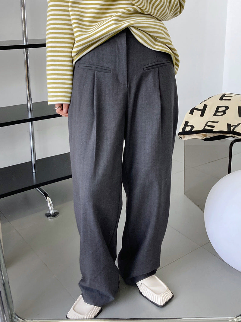 Luxi, spring and autumn design double pocket drape floor pants women's Korean version loose casual wide-leg suit pants 1056