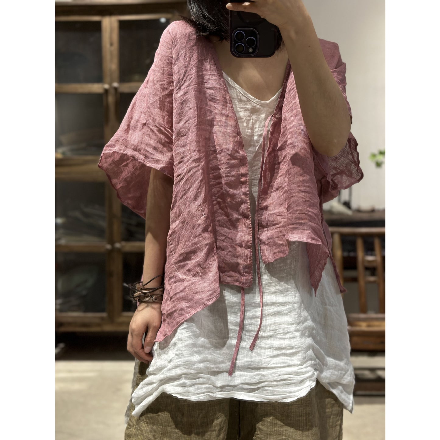 2025 23/4 small sticks, spring and summer literary and retro linen shoulder-length half-sleeved cardigan with straps