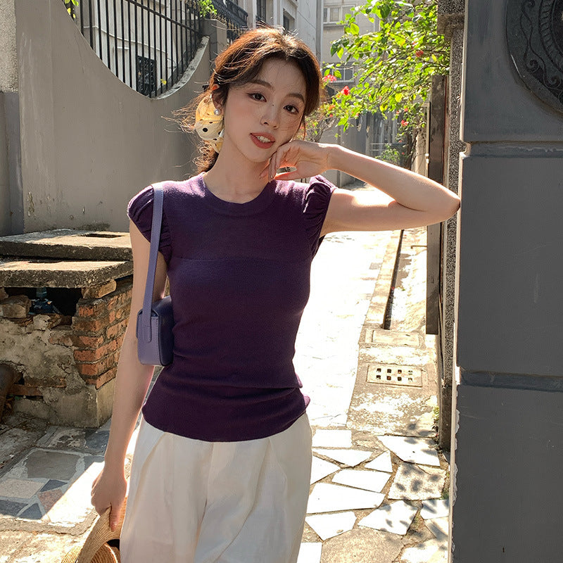 2025 Thirteen Lines Spring and Summer New Versatile Crew Neck Bottom Knitted Sweater Short Sleeve T-Shirt Women's Top 25150