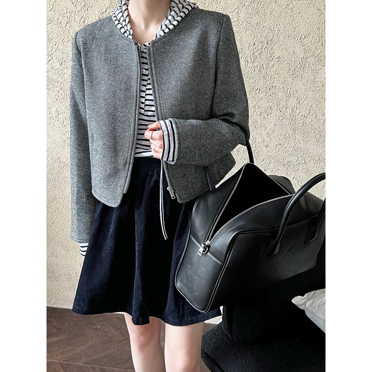 Luxi Korean wool woolen round neck small fragrant short coat women's popular autumn new zipper jacket top 8698