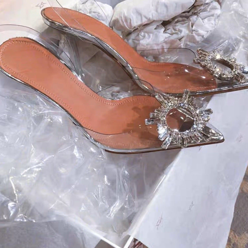 xiangtuibao Transparent Color Rhinestone Closed Toe Slingback Sandals Slip-on Crystal High Heels New Fairy Style High Heel Sandals for Women