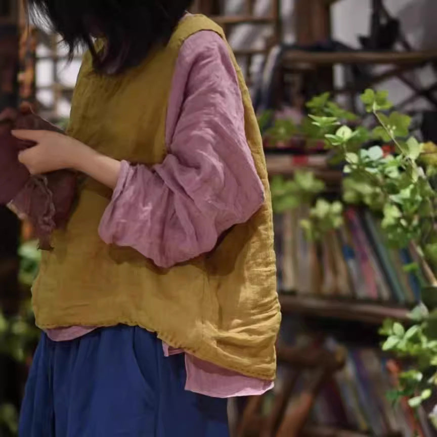 2025 24/1/SN05 Literary and casual yarn-dyed craft linen crew neck pullover