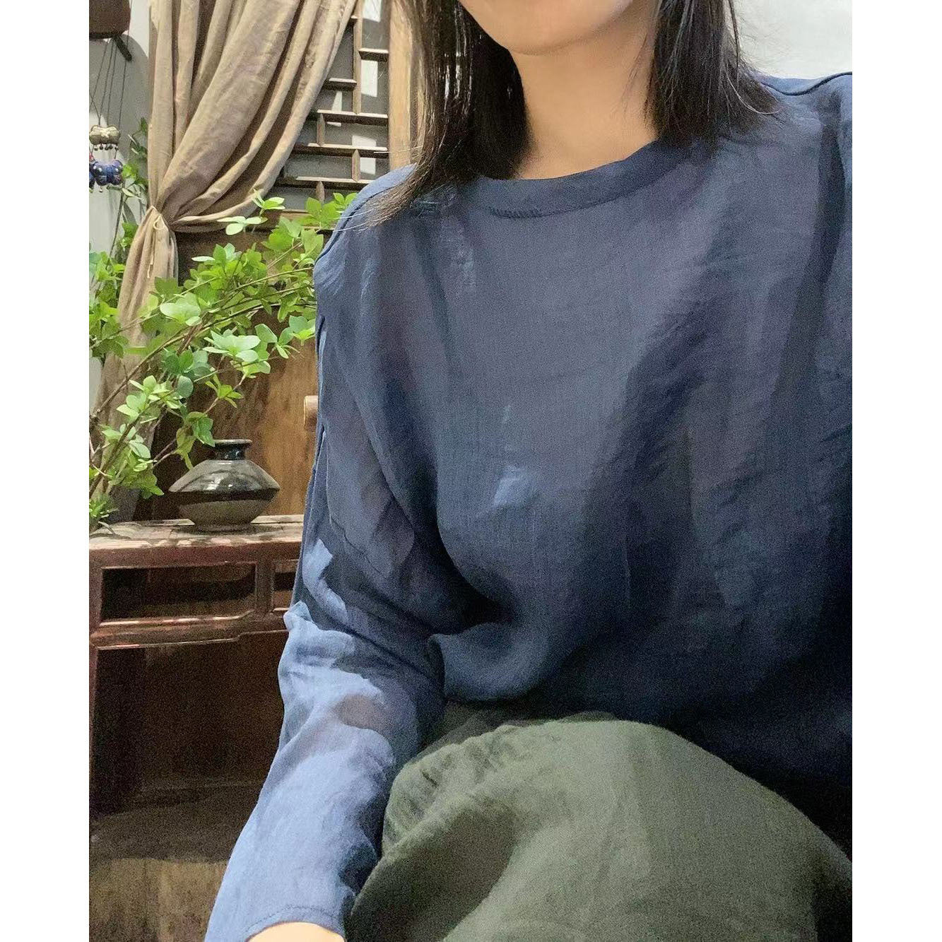2025 22/6 small master, literary and retro light and casual pullover, one-word collar summer sunscreen ramie shirt