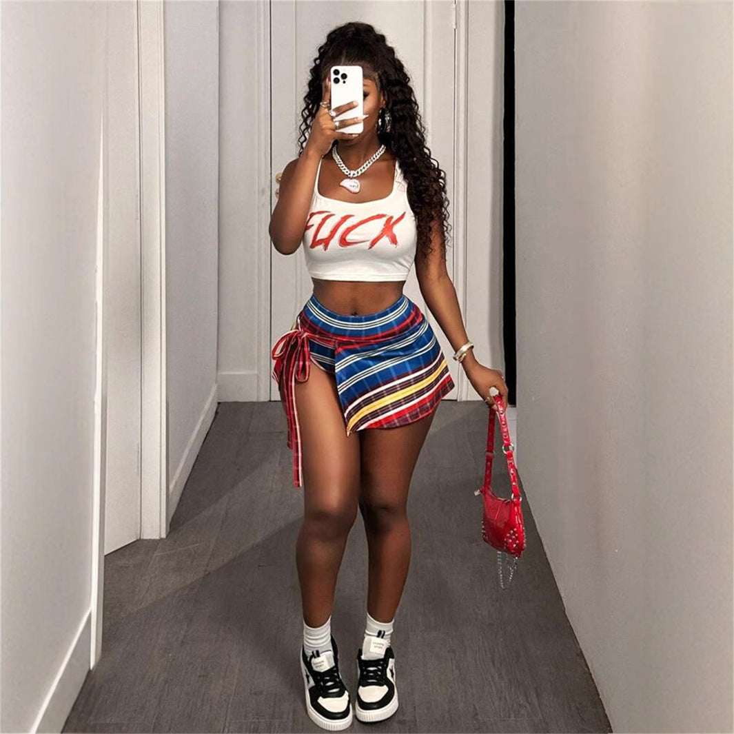 summer new women's clothing New Popular trade personalized trend splicing printing tether waist skirt