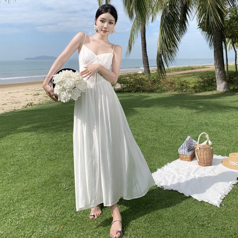 2025 White super fairy seaside vacation banquet photo dress manor girl retro lace long dress suspender dress