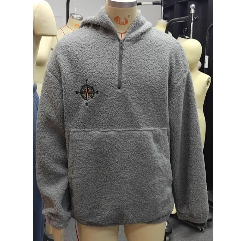 xiangtuibao Plush Sweatshirt For Men's Autumn Winter Clothing Vintage Casual Print Loose Male Pullovers Embroidery Large Size Men Hoodies