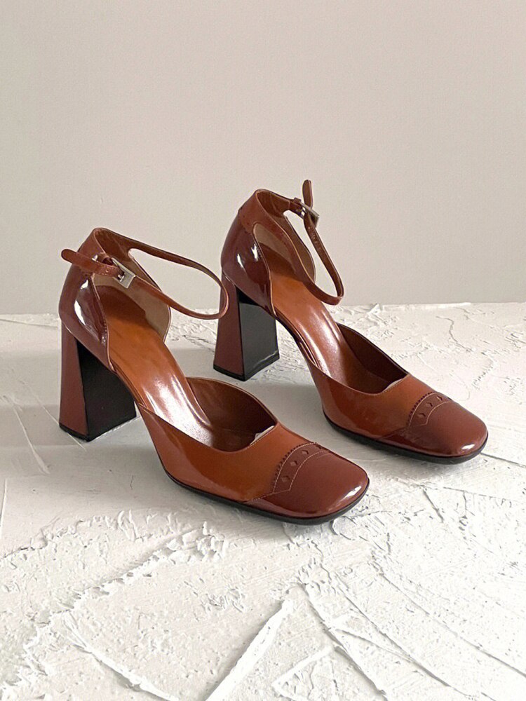 xiangtuibao Retro Mary Jane Chunky Heel Pumps Leather Female Shoes Women's Square Head Shallow Mouth Single Shoes Spring Roman Sandals
