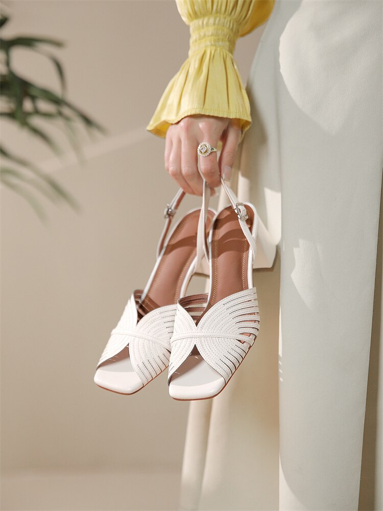 xiangtuibao NEW Summer Women Shoes Square Toe Thin Heel Women Sandals Cow Leather High Heels Solid Party Shoes Lattice Cloth Shoes for Women