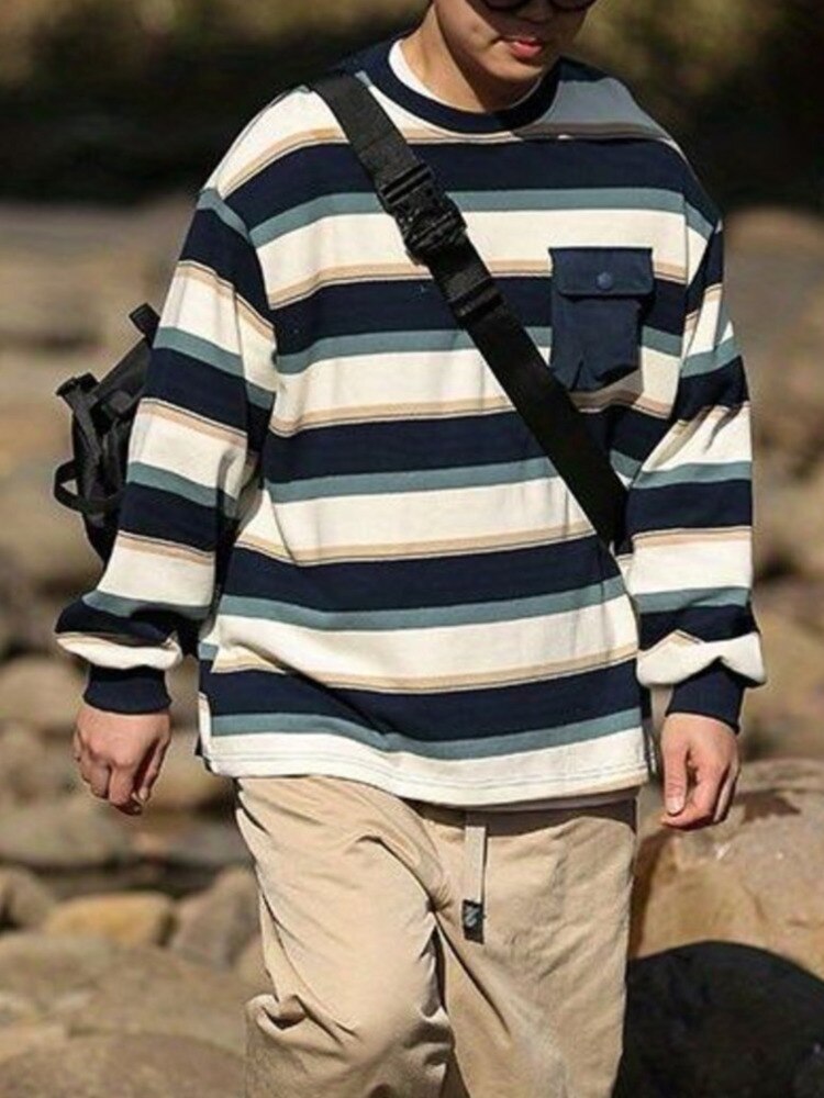 xiangtuibao Spring Autumn Striped Hoodies w/ Pocket Men Women Fashion Long Sleeve Sweatshirt Harajuku Jumper Pullovers Casual Oversized Coat