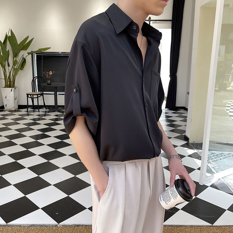 xiangtuibao Summer New Korean Fashion Ice Silk Short Sleeve Shirt Men Half-sleeved Lapel Solid Color Casual High Quality Shirts for Men