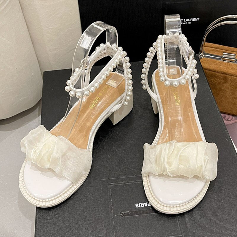 xiangtuibao Sandals White bow Pearl Rhinestone Bow Ribbon Sweety Princess Style Lower Square Heels Short Fat Heels