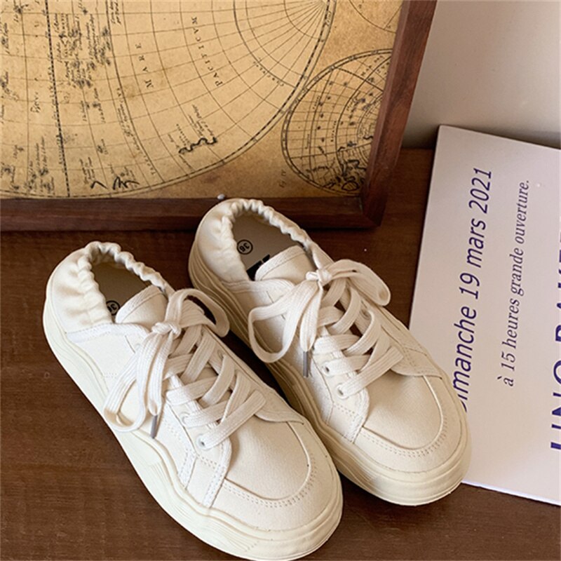 xiangtuibao Beige Casual Women's Sneakers Canvas Shoes Thick Sole Spring Autumn Lace Up Flats Sneakers Chunky Shoes Sports Female NEW