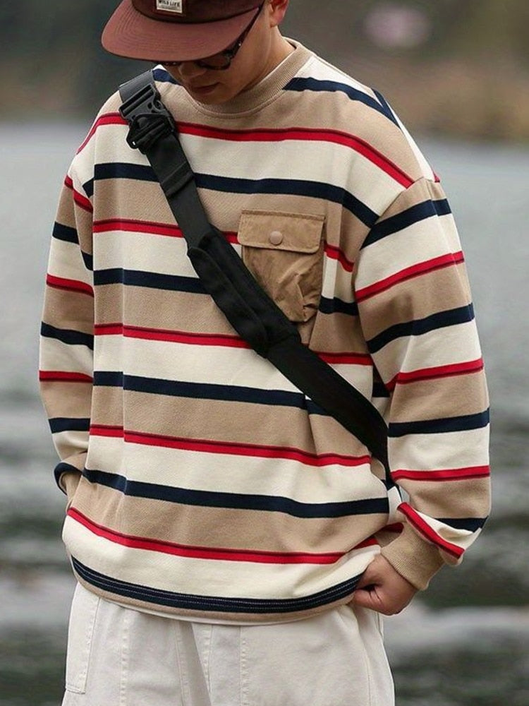 xiangtuibao Spring Autumn Striped Hoodies w/ Pocket Men Women Fashion Long Sleeve Sweatshirt Harajuku Jumper Pullovers Casual Oversized Coat