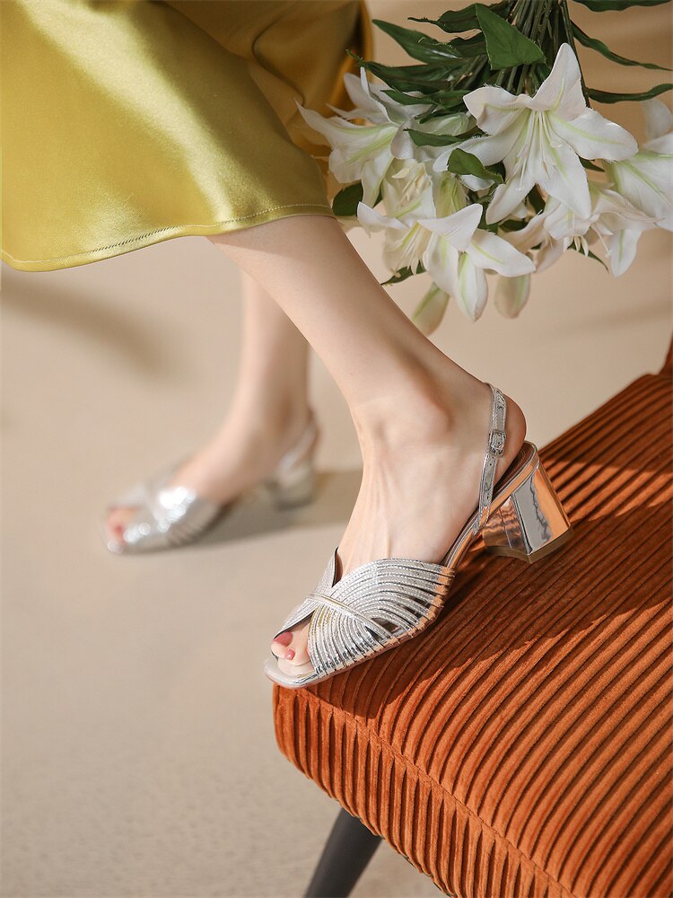 xiangtuibao NEW Summer Women Shoes Square Toe Thin Heel Women Sandals Cow Leather High Heels Solid Party Shoes Lattice Cloth Shoes for Women